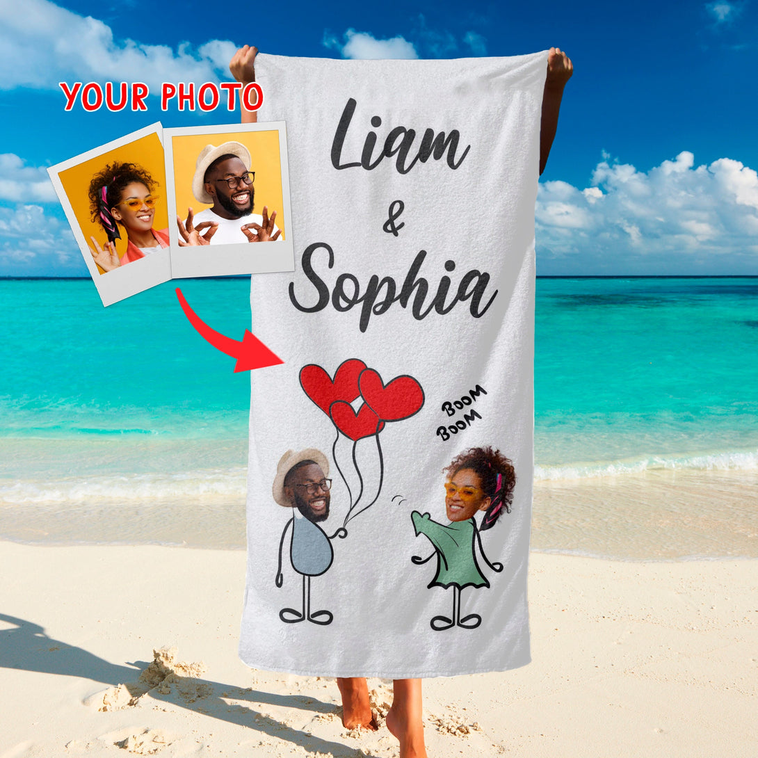 Custom Face Photo Beach Towel for Couples, Valentine's Day Gifts T100 - Custamazegifts.com 