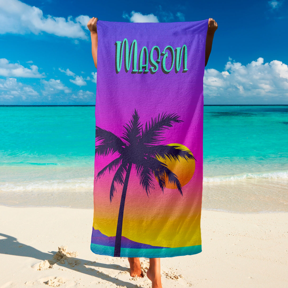 Tropical Print Custom Beach Towel with Palm Trees, Add Your Name Custom Gift T113 - Custamazegifts.com 