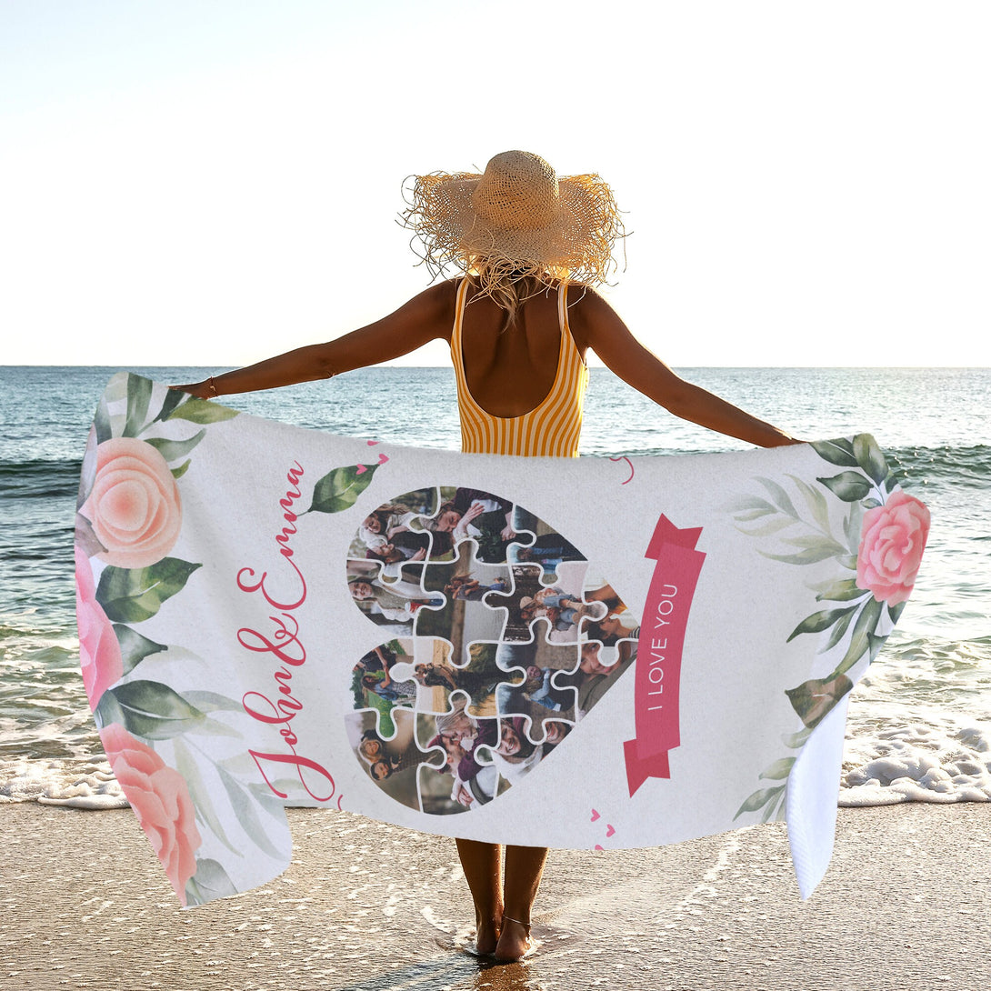 Heart Shaped Puzzle Custom Photo Beach Towel, Personalized Anniversary Gifts T103 - Custamazegifts.com 