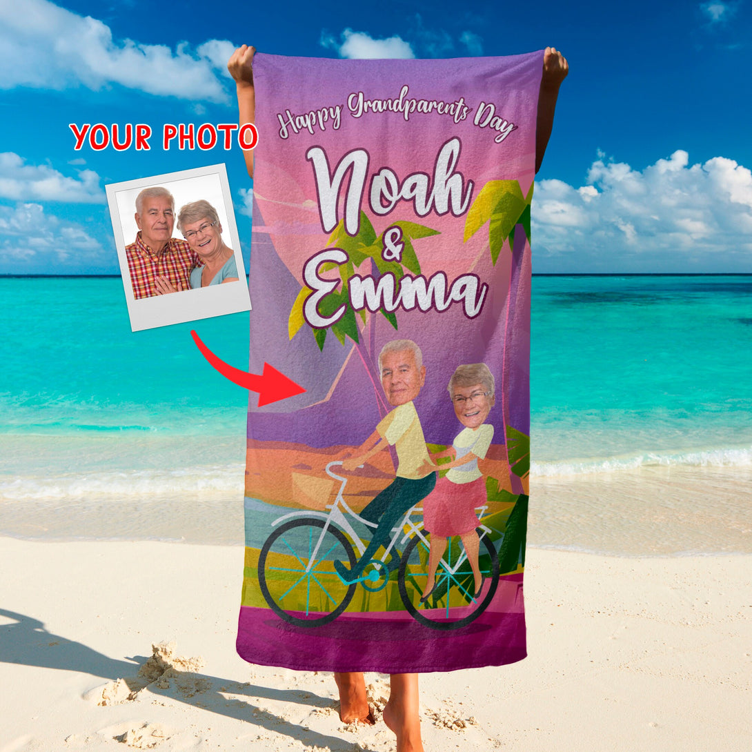 Custom Face Beach Towel for Couples, Grandparents Riding Bike Fun Retirement Gift T105 - Custamazegifts.com 