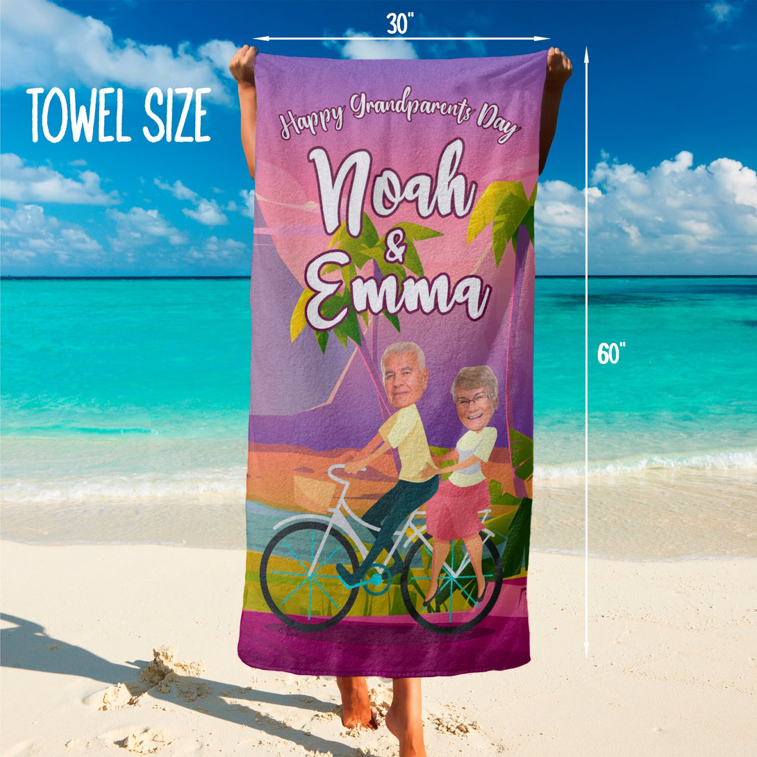 Custom Face Beach Towel for Couples, Grandparents Riding Bike Fun Retirement Gift T105 - Custamazegifts.com 