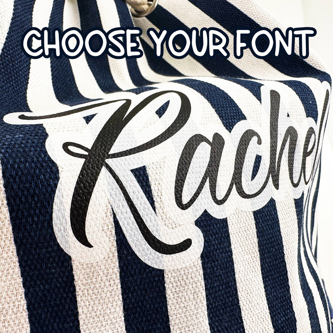 Custom Beach Backpack with Your Name, Striped Dark Blue Beach Bag - Custamazegifts.com 