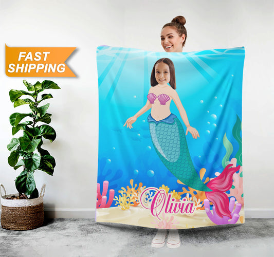 Mermaid Kids Personalized Photo Blanket Birthday Gift - Custamazegifts.com 