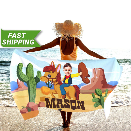 Cowboy Kids Face Beach Towel, Funny Western Towel, Photo Gifts for Boys T139 - Custamazegifts.com 