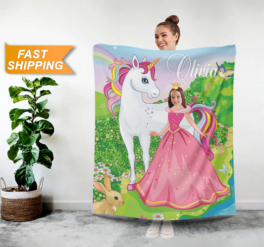 Princess and a Unicorn Personalized Girls Photo Blanket - Custamazegifts.com 