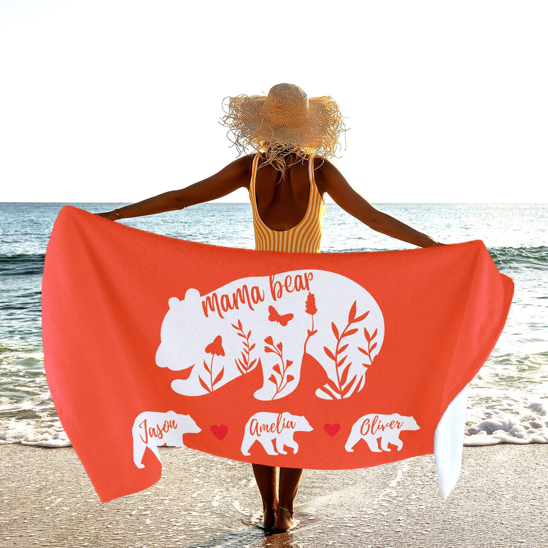 Mama Bear Custom Beach Towel with Kids Names, Mothers Day Gift for Mom Grandma T137 - Custamazegifts.com 