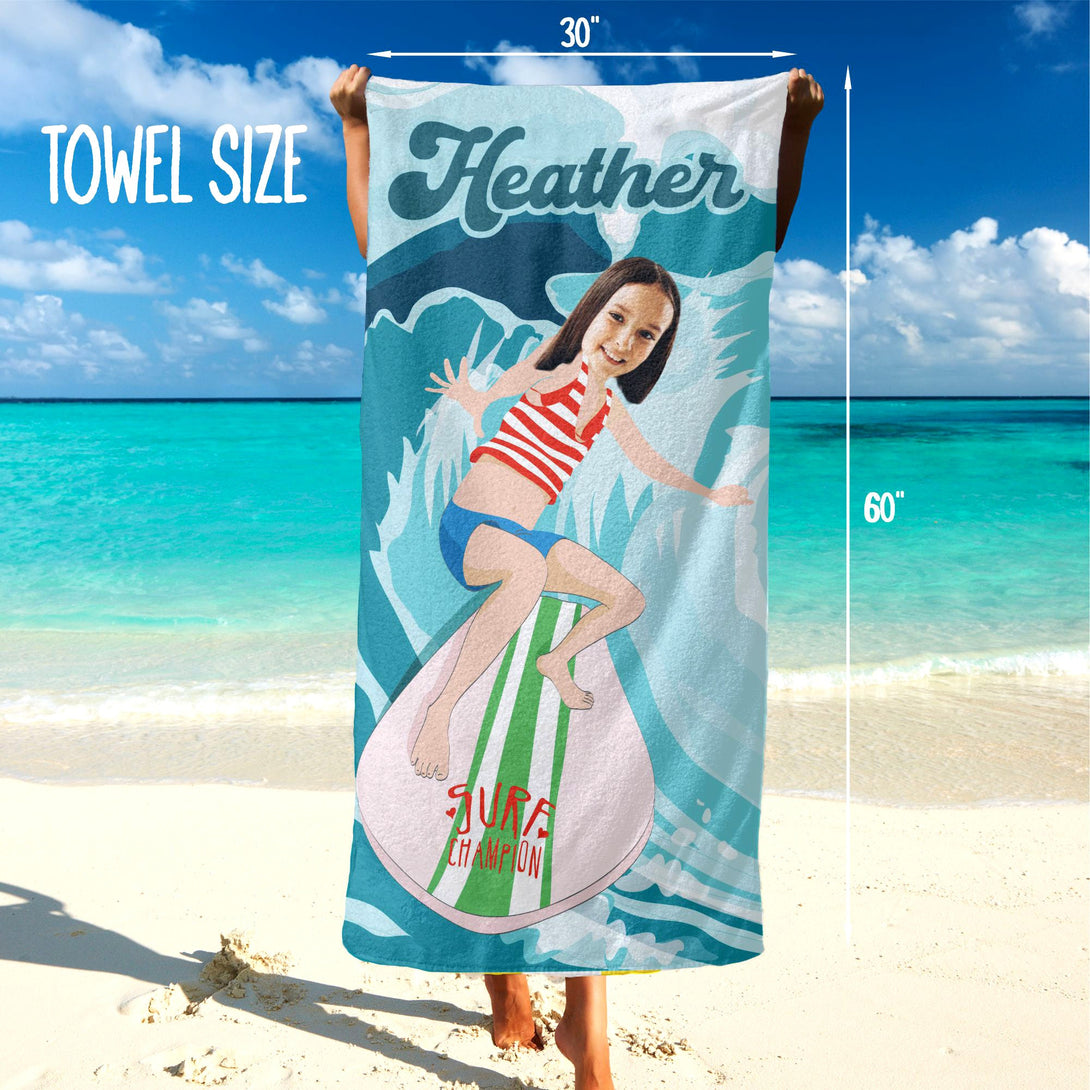 Surfing Kids Photo Beach Towel, Custom Face Towel for Girls - Custamazegifts.com 