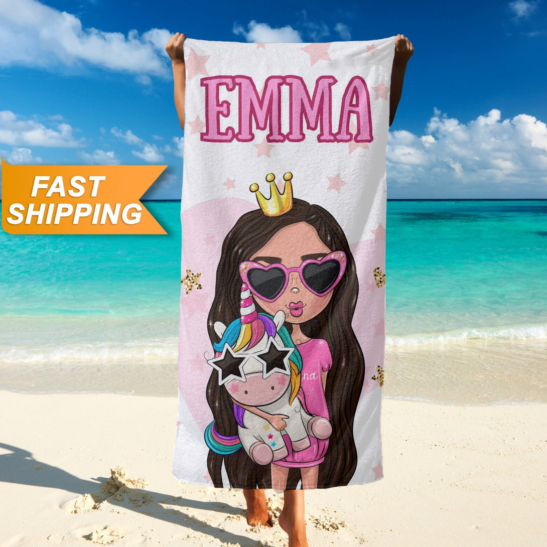 Girl Unicorn Beach Towel, Kids Custom Beach Towels, Princess Customized Gift T154 - Custamazegifts.com 