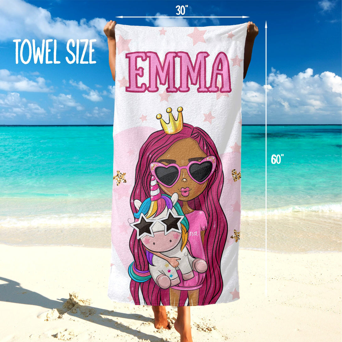 Girl Unicorn Beach Towel, Kids Custom Beach Towels, Princess Customized Gift T154 - Custamazegifts.com 