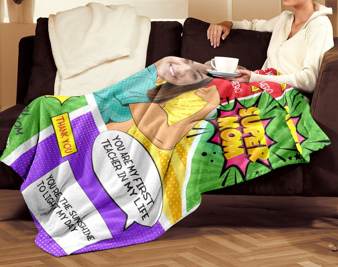 Super Mom Blanket, Mothers Day Personalized Blanket with Face - Custamazegifts.com 