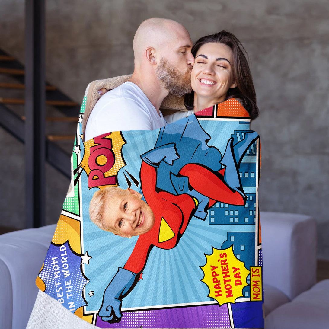 Super Mom Photo Blanket, Personalized Face Blanket For Mom Grandma - Custamazegifts.com 