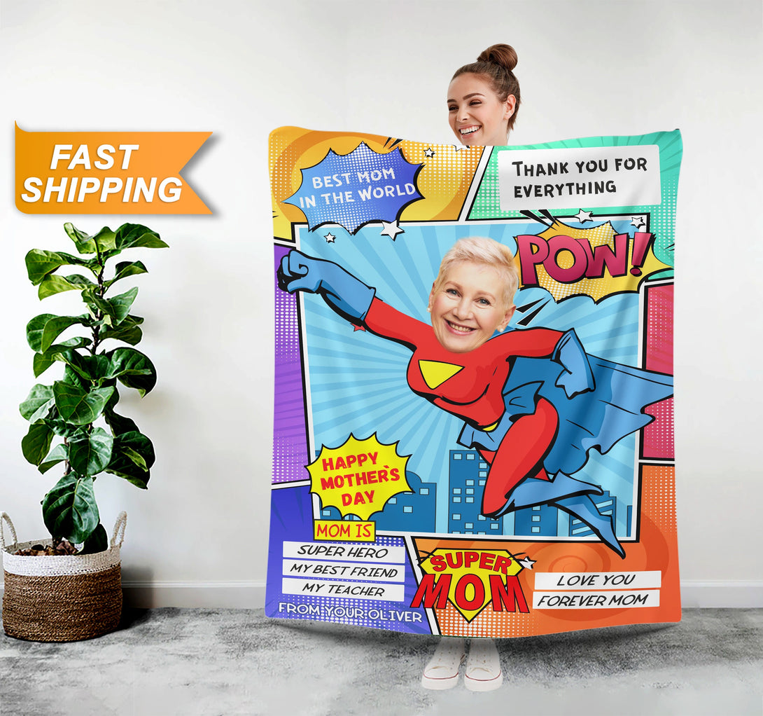 Super Mom Photo Blanket, Personalized Face Blanket For Mom Grandma - Custamazegifts.com 