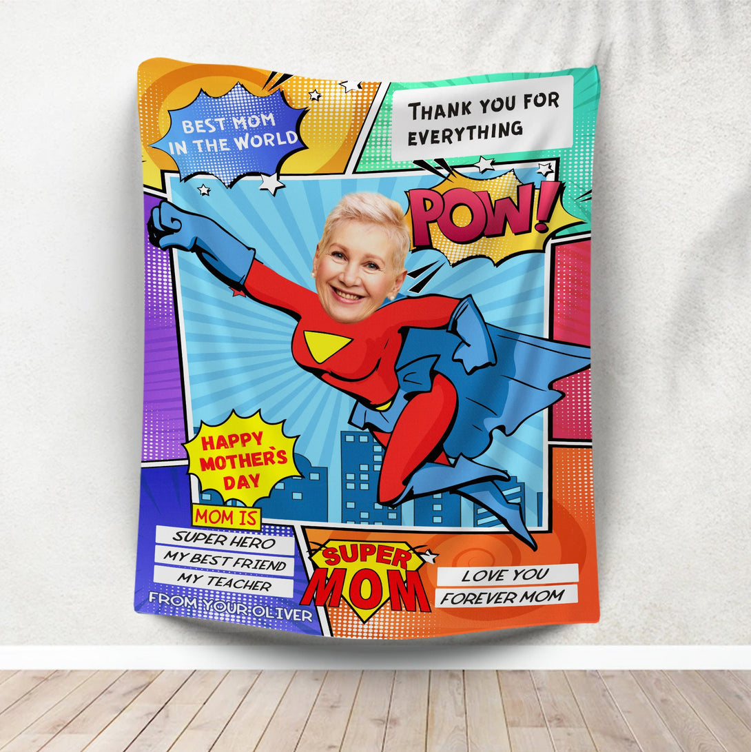 Super Mom Photo Blanket, Personalized Face Blanket For Mom Grandma - Custamazegifts.com 