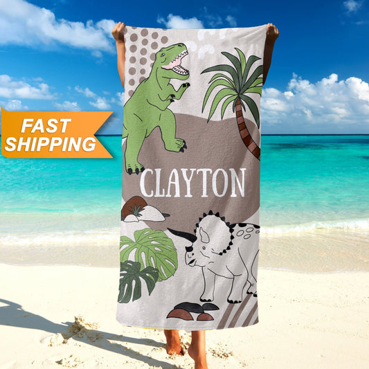 Dinosaur Kids Custom Name Beach Towel, Dinosaur Gifts for Boys T150 - Custamazegifts.com 