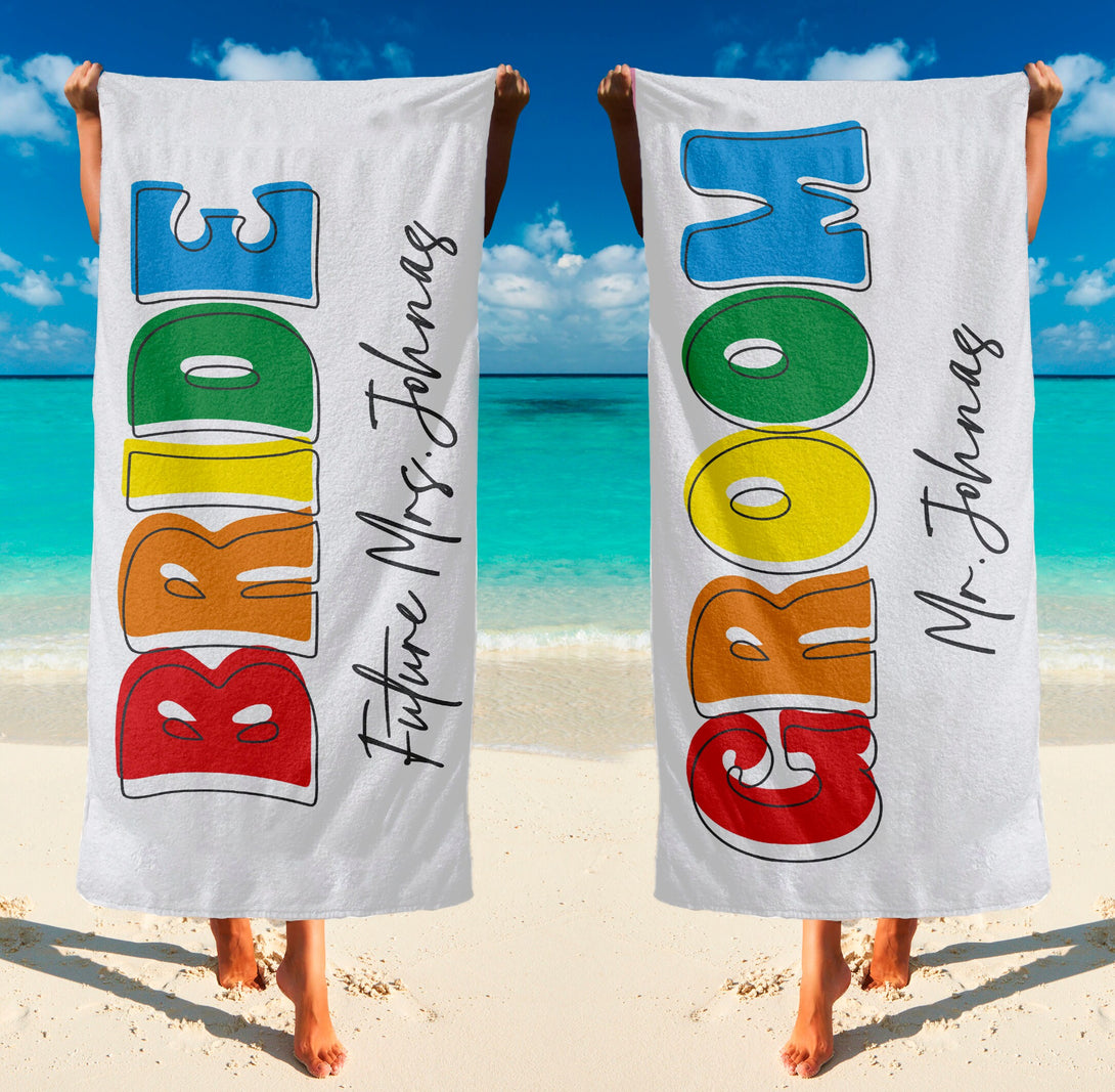 Bold Font Bride Beach Towel, Mr and Mrs Custom Gifts for Bride Groom T157 - Custamazegifts.com 