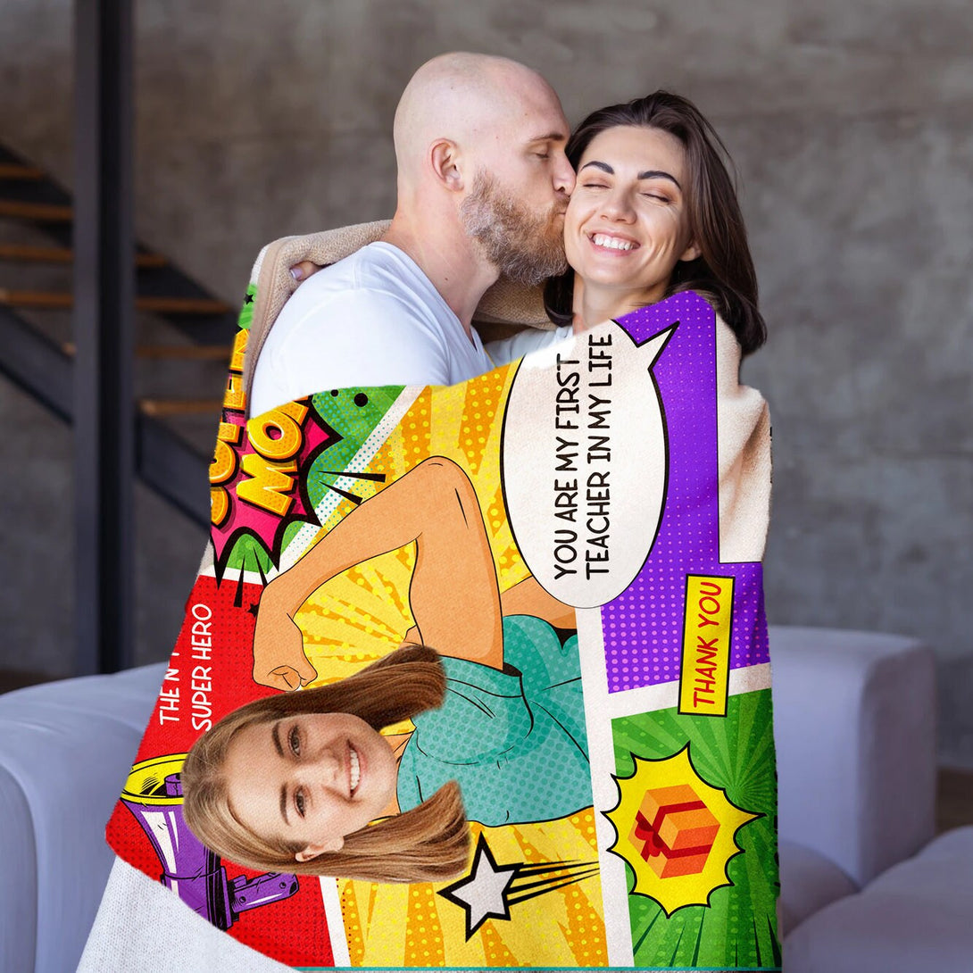 Super Mom Blanket, Mothers Day Personalized Blanket with Face - Custamazegifts.com 