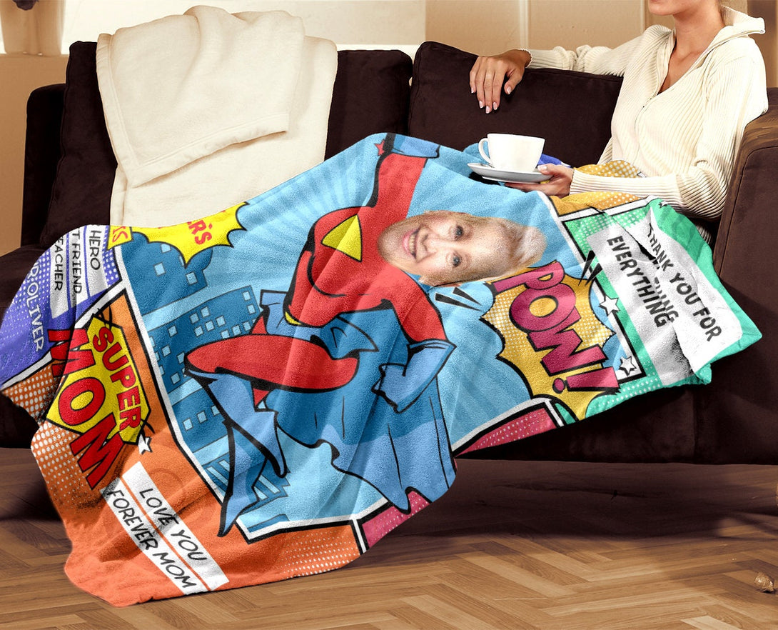 Super Mom Photo Blanket, Personalized Face Blanket For Mom Grandma - Custamazegifts.com 