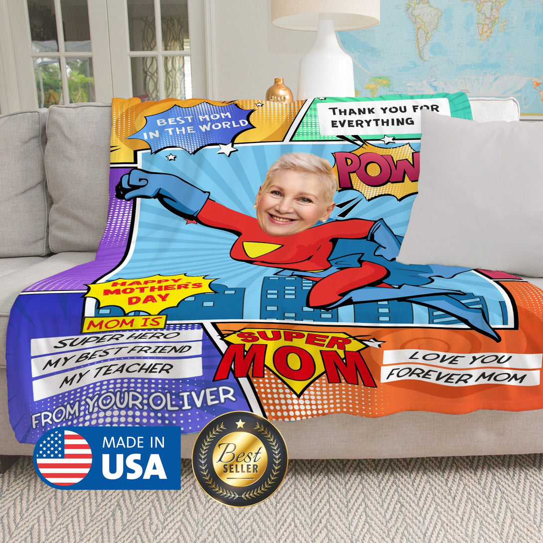 Super Mom Photo Blanket, Personalized Face Blanket For Mom Grandma - Custamazegifts.com 