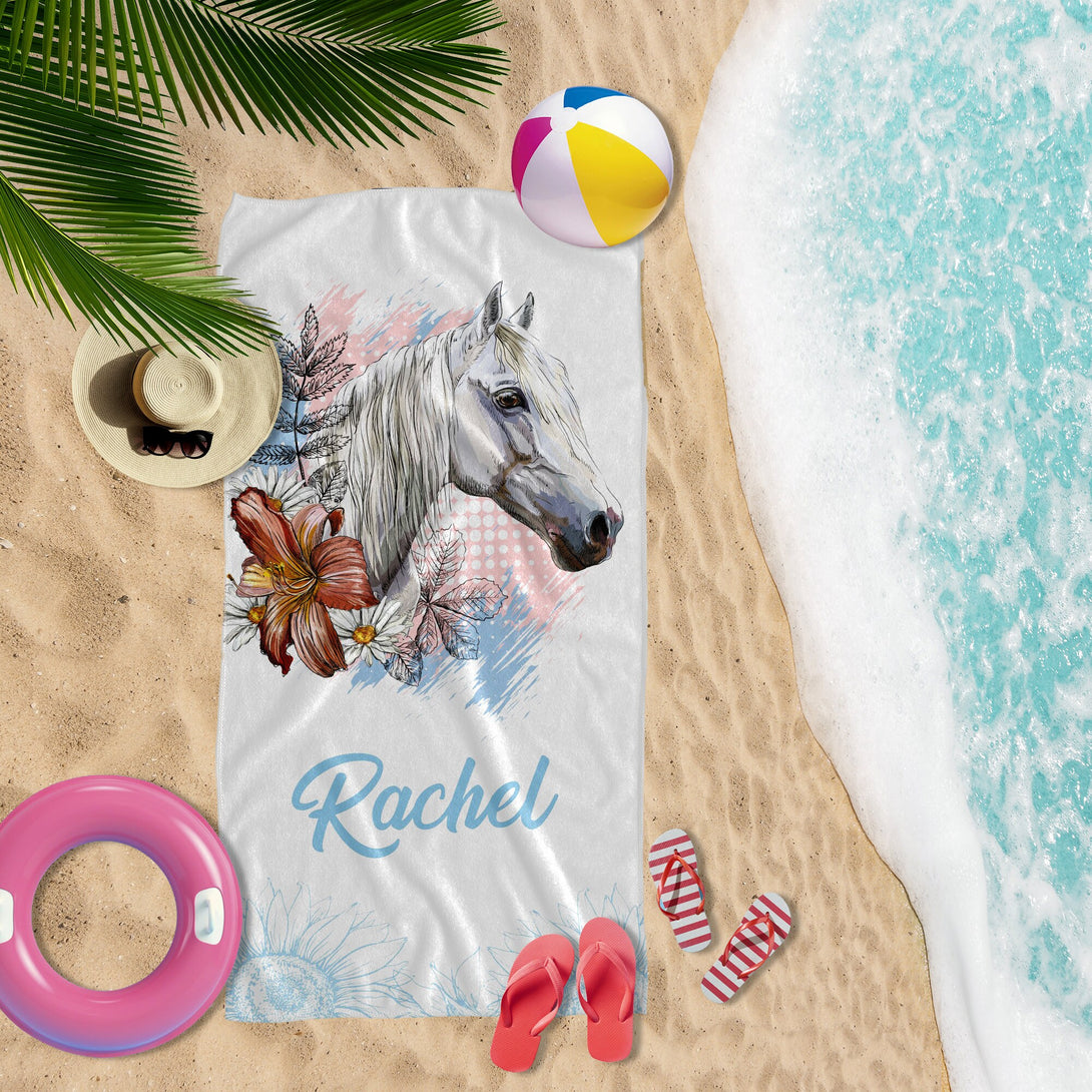 Horse Towel, Animal Beach Towel with Floral Print, Animal Lover Gifts T172 - Custamazegifts.com 