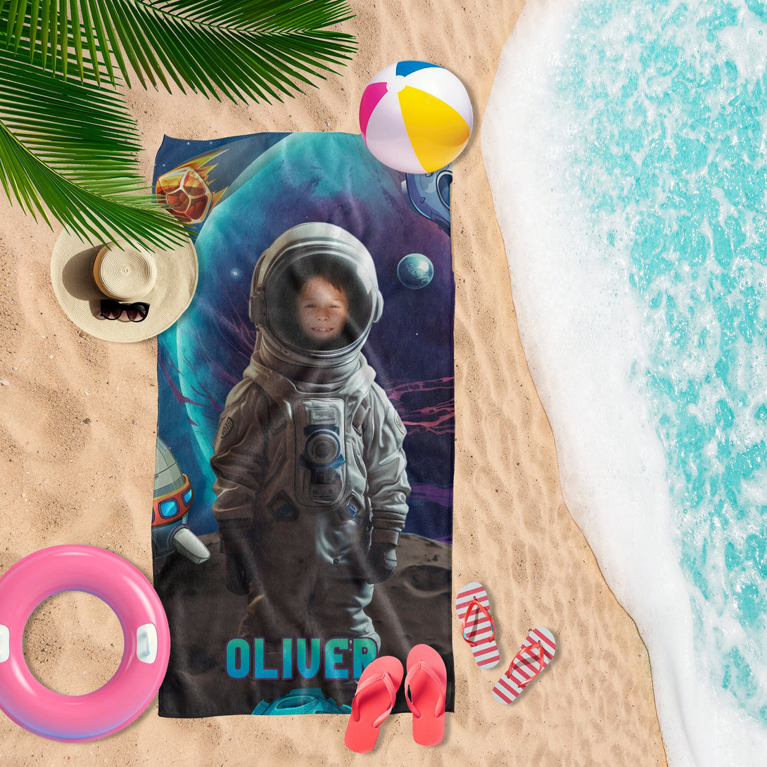 Astronaut Kids Photo Personalized Beach Towel, Boys Customized Bath Towel Gift - Custamazegifts.com 