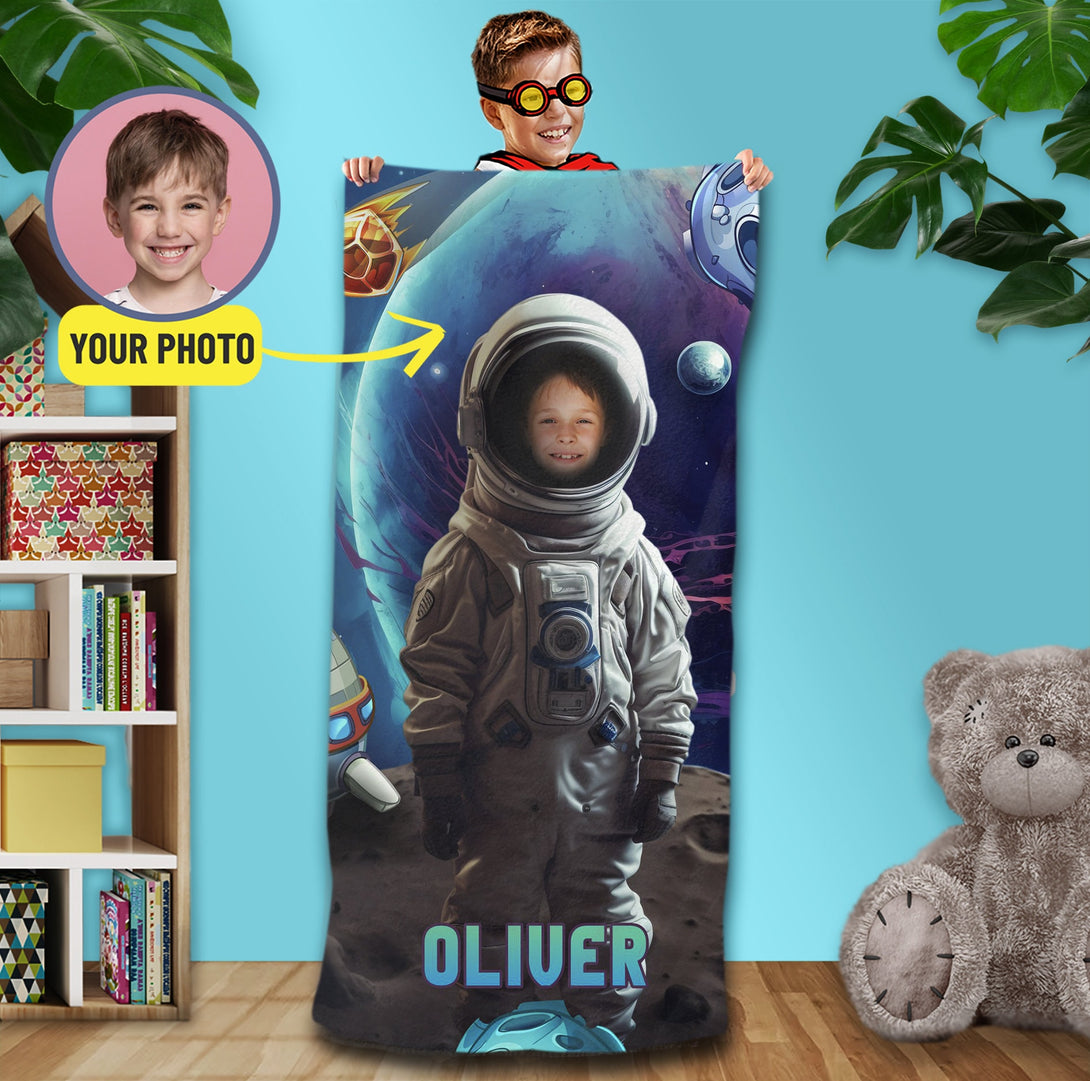 Astronaut Kids Photo Personalized Beach Towel, Boys Customized Bath Towel Gift - Custamazegifts.com 