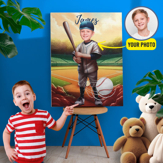 Baseball Photo Canvas Print, Kids Custom Face Wall Art Gift - Custamazegifts.com 