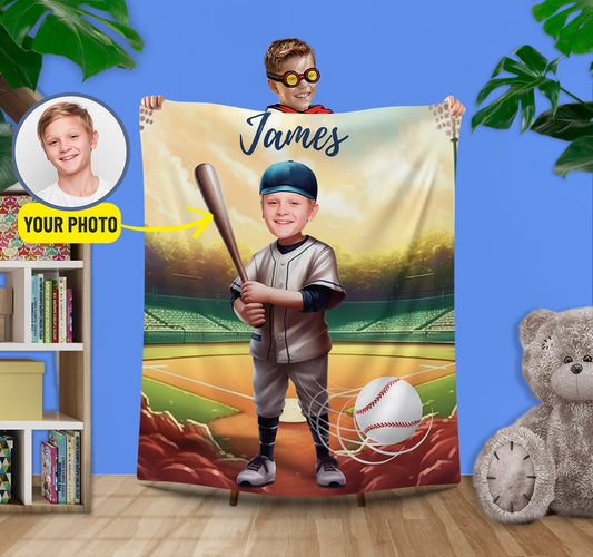 Baseball Boys Photo Kids Custom Face Blanket Gift - Custamazegifts.com 