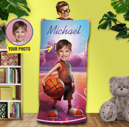 Basketball Personalized Photo Pool Towel, Custom Face Gift - Custamazegifts.com 