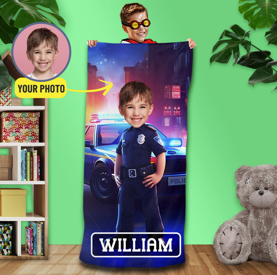 Policeman Boy Custom Towel Personalized Photo Face Gifts - Custamazegifts.com 