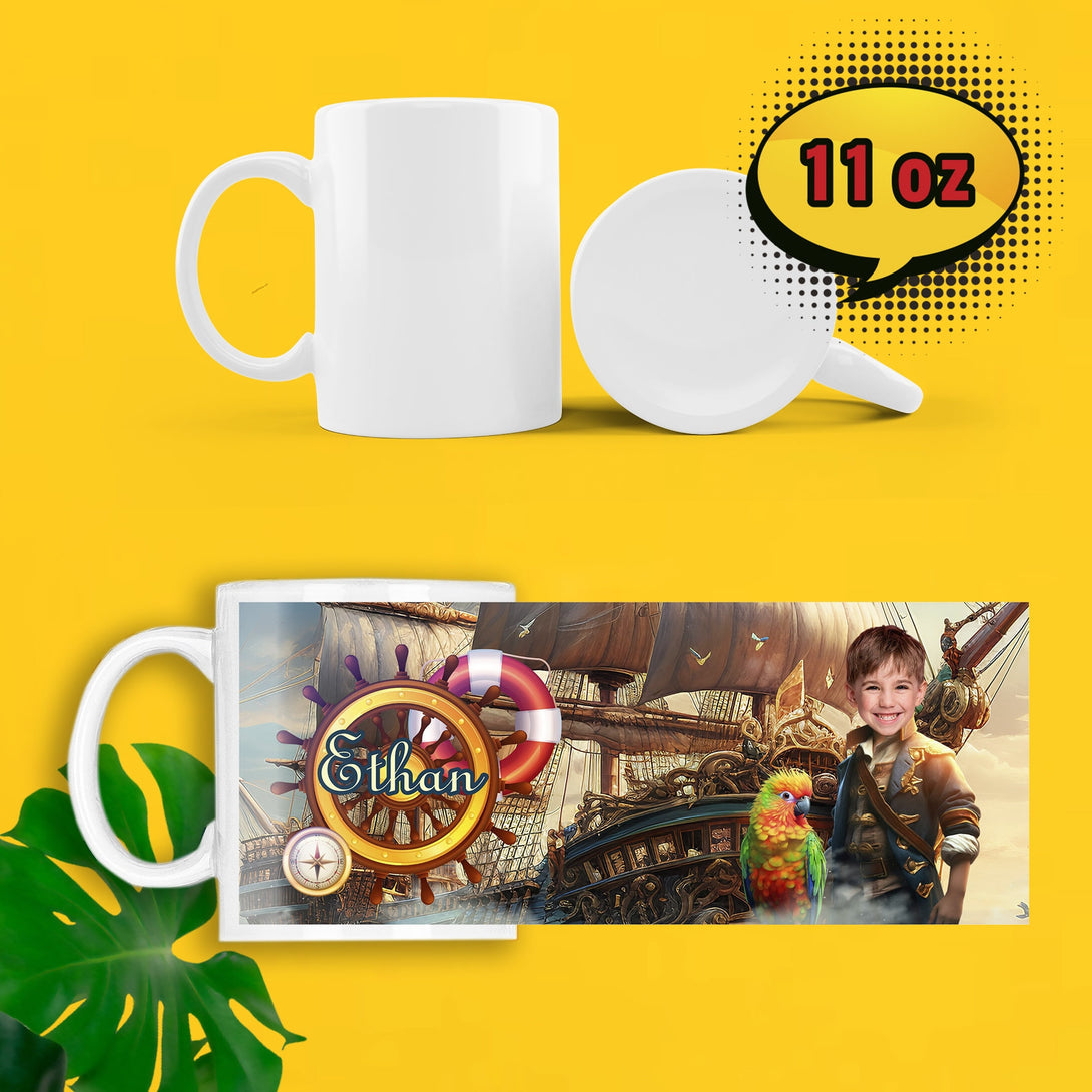 Kids Pirate Party Favor, Custom Photo Mug with Pirate Captain and Ship - Custamazegifts.com 