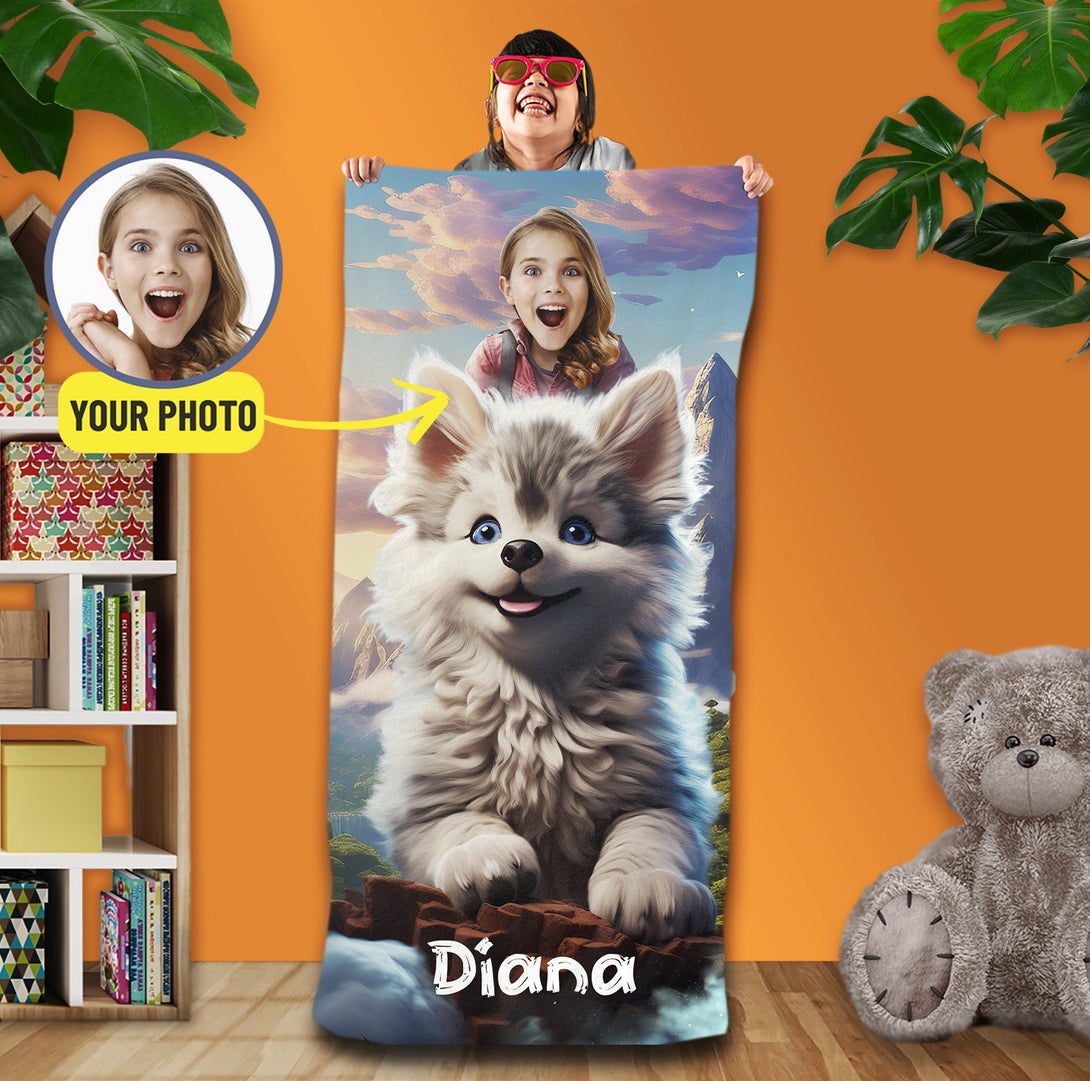 Personalized Girl and Wolf Beach Towel, Gift Suggestions for Her - Custamazegifts.com 