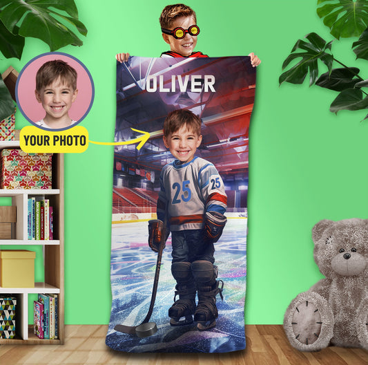 Hockey Player Photo Beach Towel, Hockey Team Gifts for Boys - Custamazegifts.com 