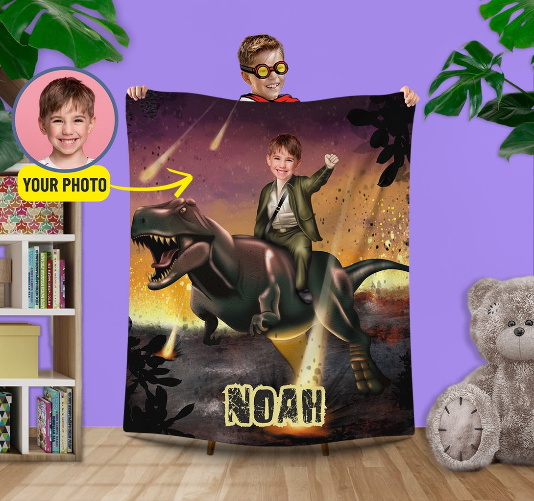 Kids Dinosaur Photo Blanket, T Rex Gift for Him - Custamazegifts.com 