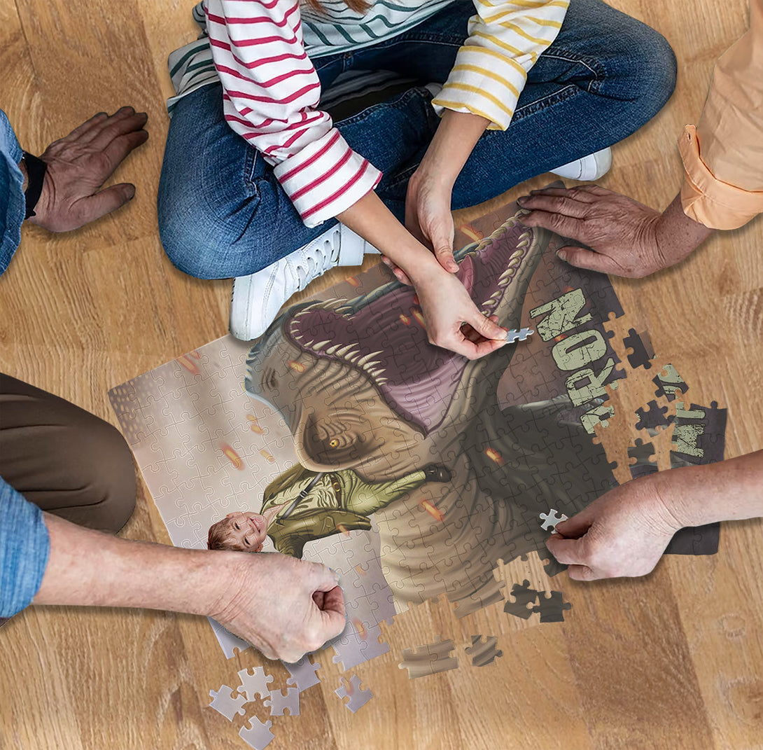 Child Riding a T Rex Photo Puzzles for Boys, Dinosaur Loving Kid Gift - Custamazegifts.com 