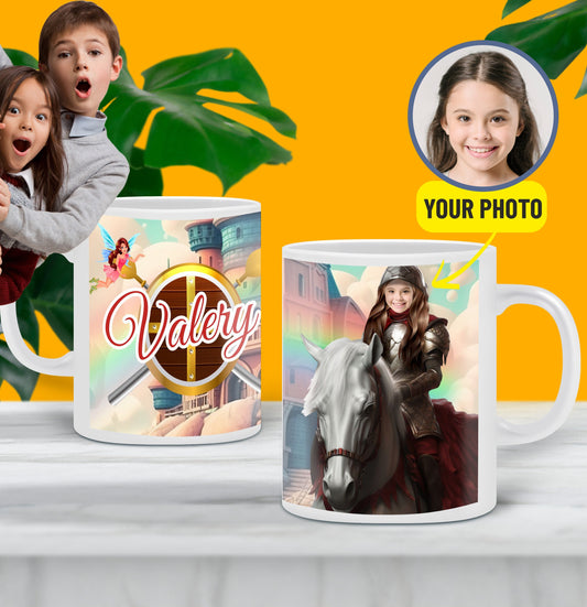 Custom Photo Knight Girl Mug, Personalized Fairy Tale Gift - Custamazegifts.com 