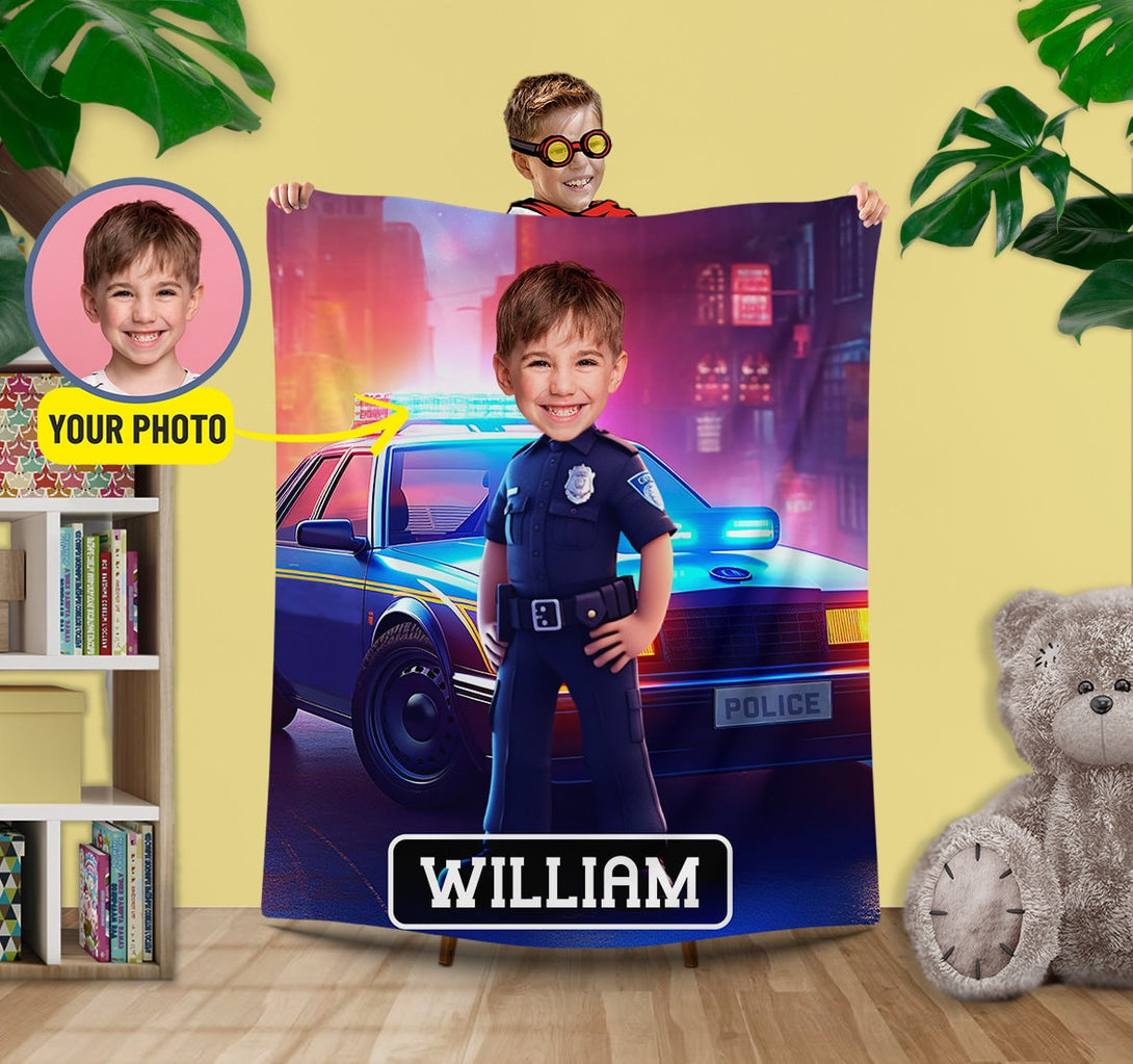 Police Boy Photo Blanket, Policeman Gifts for Kids - Custamazegifts.com 