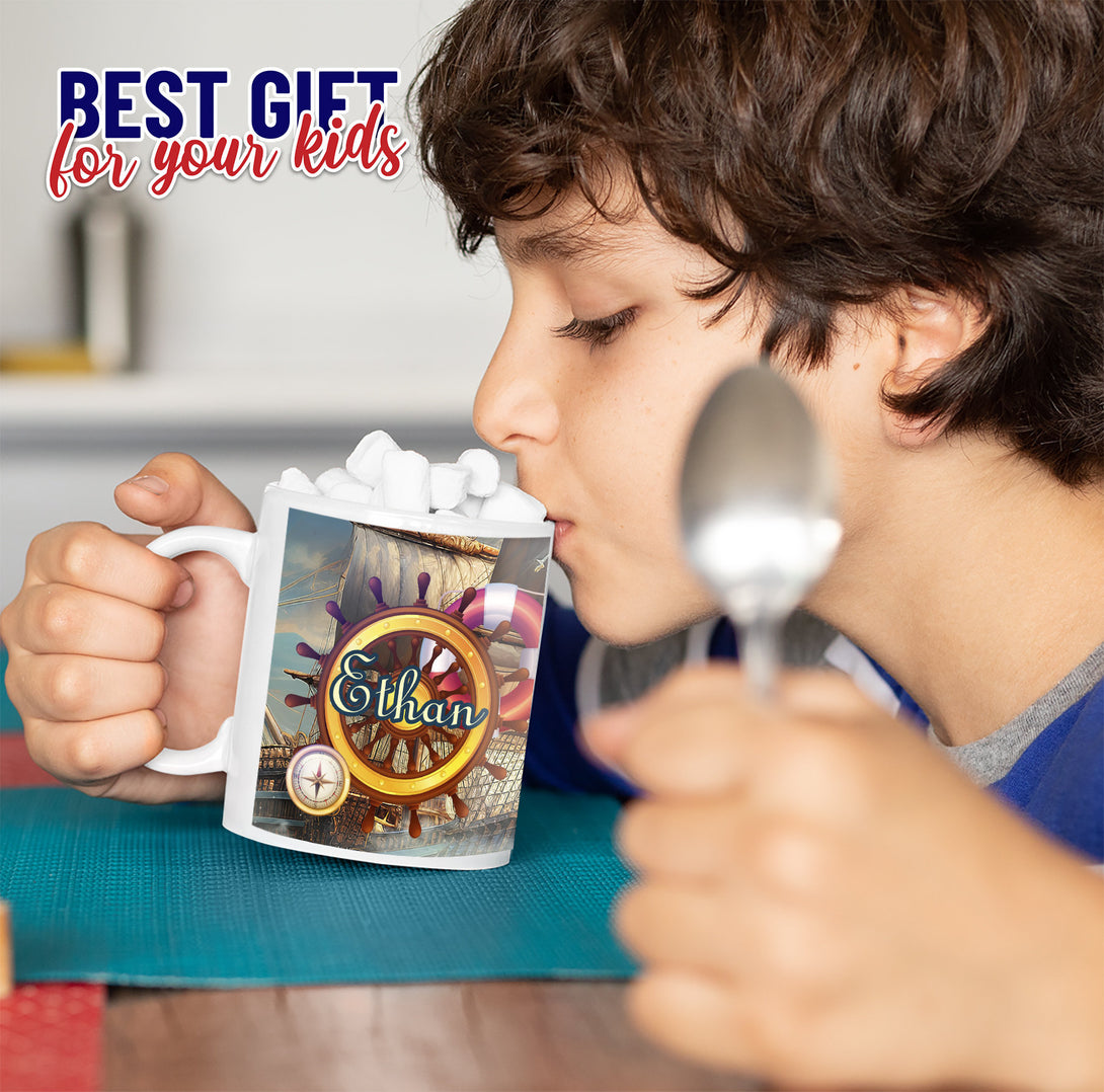 Kids Pirate Party Favor, Custom Photo Mug with Pirate Captain and Ship - Custamazegifts.com 