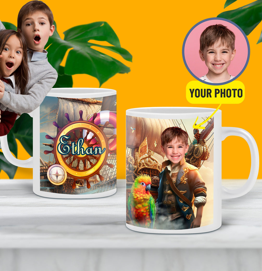 Kids Pirate Party Favor, Custom Photo Mug with Pirate Captain and Ship - Custamazegifts.com 