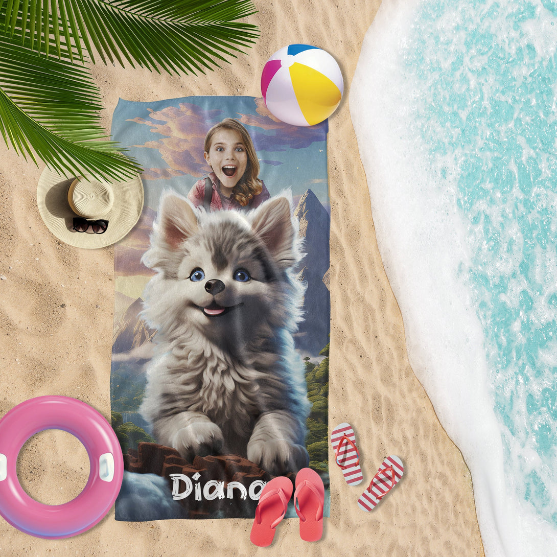 Personalized Girl and Wolf Beach Towel, Gift Suggestions for Her - Custamazegifts.com 